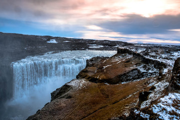 Dettifoss, Northeast Iceland, the largest waterfall in Europe, at sunset