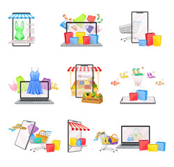 Online Shop App on Smartphone and Laptop Screen with Shopping Items in Basket Vector Set