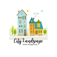 Vector city landscape in a cute cartoon style.Two houses in bright colors.