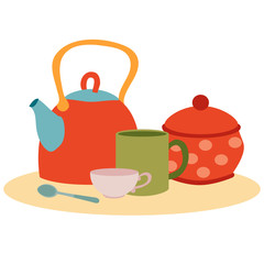 set of kitchen utensils from a teapot, mugs, sugar bowls and spoons, isolated object on a white background, vector illustration,