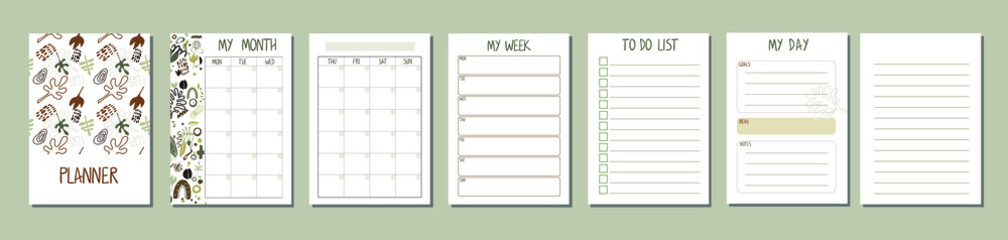 Set of planners with abstract design. Daily, weekly, monthly planner template. Notebook page isolated. 