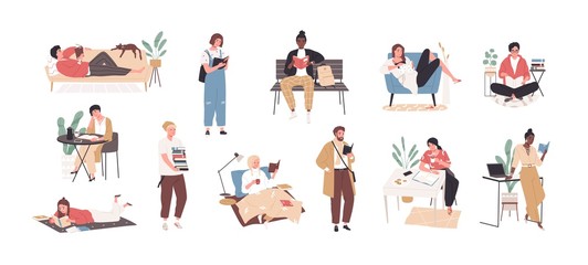 Set of people literature fans with books vector flat illustration. Collection of reading man and woman, students preparing to exam isolated on white background. Person book lovers and readers