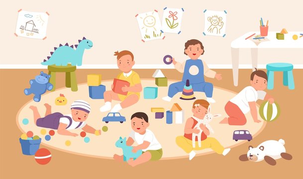 Happy cute kid playing with different toys and cubes at kindergarten interior vector flat illustration. Smiling boys and girls spending time at children playroom. Joyful babies at day nursery