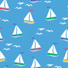 Vector illustration. Seamless pattern with seagulls and sailboats on a blue background.