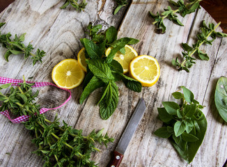 frische mediterrane kräuter mit zitronenscheiben auf einem holzbrett