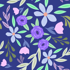 Flat Vector Illustration Floral Leaves Vintage Seamless Pattern Print Isolated Elements Blue Background