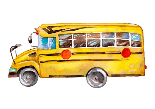Yellow school bus. Back to school.Watercolor illustration. isolated on white background.