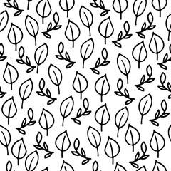 Seamless floral vector pattern. Outline Leaves and branches Isolated on white Background. Tropical ornament for wallpaper, textile, wrapping paper, posters, cards. Tropical Hand-drawn eco illustration
