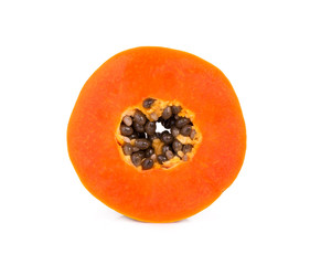 half cut ripe papaya fruit with seed isolated on white background