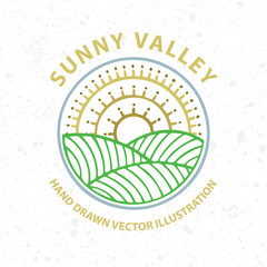 Sunny valley and vineyards hand drawn vector illustration. Nature and meadows. Landscape abstract sign.