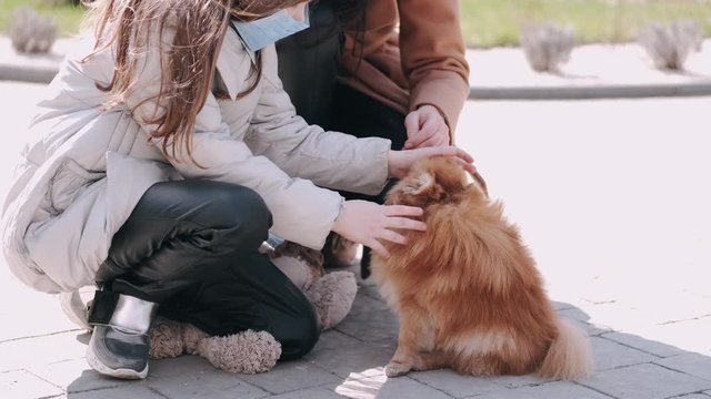 European mother and her daughter are walking with a dog. It's quarantine period so the mother and her child are wearing disposable masks to protect themselves from virus. The parent and chils are