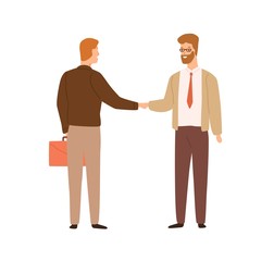Fototapeta premium Two businessman shaking hands making deal vector flat illustration. Male boss greeting hiring new employee isolated on white background. Meeting of friendly colleagues