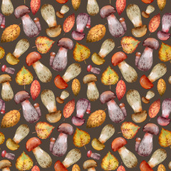 Watercolor hand drawn illustration seamless pattern.Forest in autumn,mushrooms with autumn leaves.Isolated elements on a brown  background.Suitable for fabric design,Wallpaper,postcards