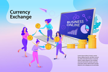 Online banking. Concept of computer currency exchange service. Business people changes currency using website. character flat design style.
