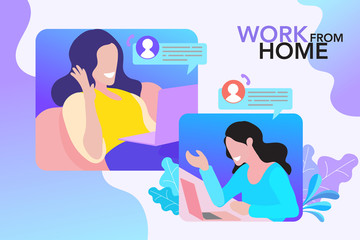 Two women talking by video chat. Conference call at office. Online Interview. Vector, Illustration, flat.