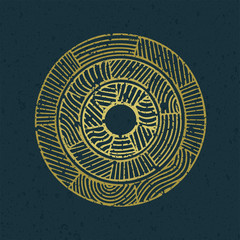 Ancient style abstract golden logo. Vintage vector gold round emblem. Scratched and shabby oval design element. Part of set.