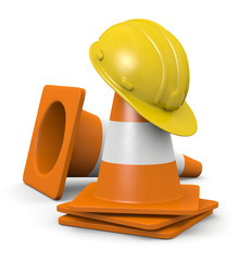 3d illustration traffic cone and safety helmet