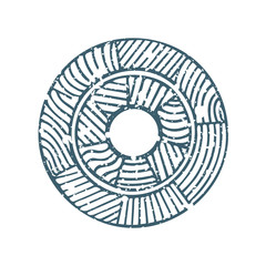 Ancient style abstract logo. Vintage vector round emblem. Scratched and shabby oval design element. Part of set.