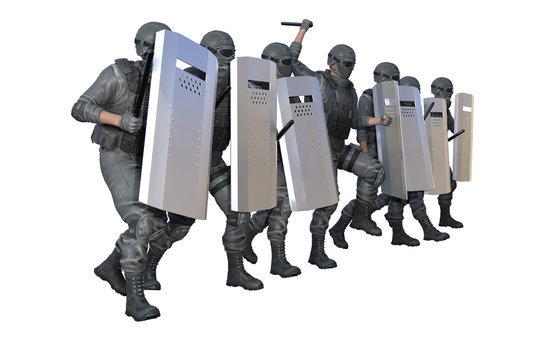 Police guards marching and attacking on disorder isolated on white background - military 3D Illustration, protest fighting concept
