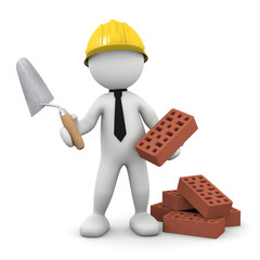 3d man bricklayer with brick and trowel