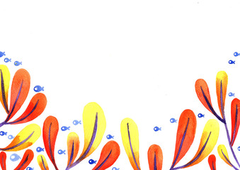 Obraz premium Abstract red and yellow seaweed with school of fish watercolor hand painting border for decoration on summer holiday season.