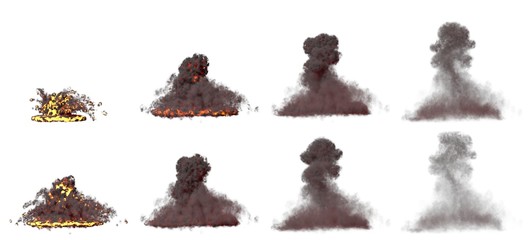 a lot of images of large bomb explosion mushroom cloud with fire and smoke isolated on white background - 3D illustration of objects