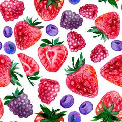 Watercolor seamless pattern.Strawberries, blueberries, raspberries, blackberries on a white background.Fabric design, Wallpaper, tableware, children's print, packing paper.