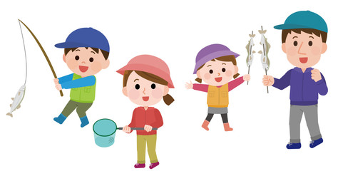 川で魚釣り　家族　イラスト