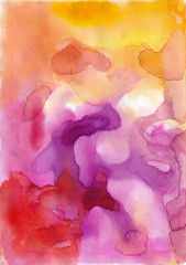 Watercolor spot hand drawing.Аbstract art.Orange, purple, yellow colors, watery paint for the design of packaging paints, albums, postcards, banners, fabric.