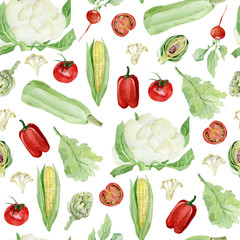 Watercolor cute seamless pattern with hand drawn vegetables. Healthy eco  food painting for textile fabric, wrapping paper, scrapbook paper, design menu, veggie blog, web pathe design cookbook.