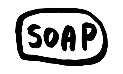 Vector hand drawn bar of soap illustration. Doodle icon with handwritten lettering text