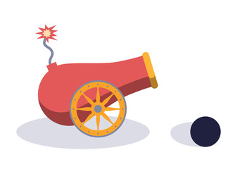 Vintage gun. Color image of medieval cannon isolated on a white background. Cartoon style. The subject of war and aggression.Vector illustration.