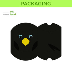 Adorable DIY party favor box for birthdays, baby showers with cute raven for sweets, candies, small presents, bakery. Printable color scheme. Print, cut out, fold, glue. Vector stock illustration.