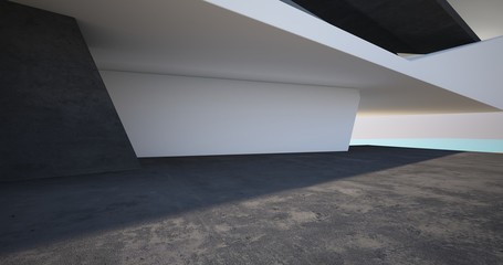 Abstract architectural minimalistic background. Modern villa made of black concrete. Сontemporary interior design. View from the balcony to the sea. 3D illustration and rendering.