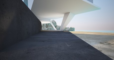 Abstract architectural minimalistic background. Modern villa made of black concrete. Сontemporary interior design. View from the patio to the sea . 3D illustration and rendering.