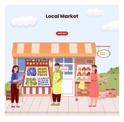 Farmer in local market offers fresh vegetables and grocery in street food stall. Farm marketplace and shop. Concept illustration. Vector web site design template. Landing page website illustration
