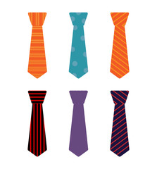 Set of ties with different patterns and different colors. Holiday ties on white background. Vector illustration