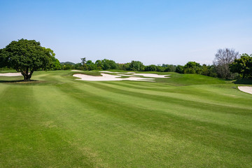 Obraz premium Golf Course with beautiful green field. Golf course with a rich green turf beautiful scenery.