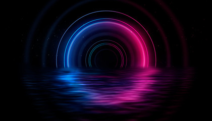 Neon circle on a black background, blue and pink neon. Reflection of a neon circle in the water. Neon light.