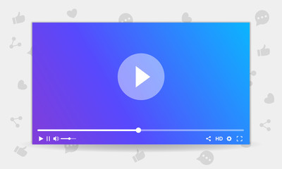 Colorful Mockup Template on Gray Background with Light Blue Gradient. Life stream video player concept. Streaming interface. Frame for Blogging Video service interface Online media Vector Illustration