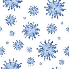 Seamless medical pattern with coronavirus (covid19) drawing by watercolor at white background, hand drawn illustration.