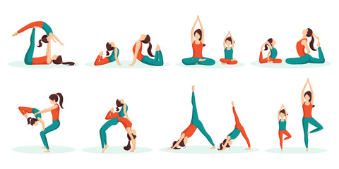 Fototapeta na wymiar Mother and daughter do yoga. Asanas for children with parents. Set of vector illustrations in the flat style of family yoga with a child.