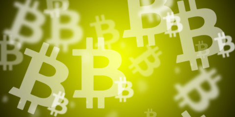 Abstract lemon yellow background with flying bitcoin logos