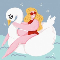 Girl on an inflatable swan. Summer illustration. image in blue ocean waves with modern calligraphy Best Summer isolated on white background