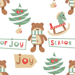 Christmas Seamless pattern. Cute Christmas Characters and Objects - Bear Toy, Trees, Wooden Horse. Xmas background. Vector Print for Wallpaper, Packing. Don't contain clipping mask and gradient.