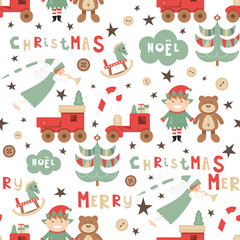 Christmas Seamless pattern. Cute Christmas Characters and Objects - Angel, Elf, Bear, Tree, Wooden Toys. Xmas background. Vector Print for Wallpaper, Packing. Don't contain clipping mask and gradient.