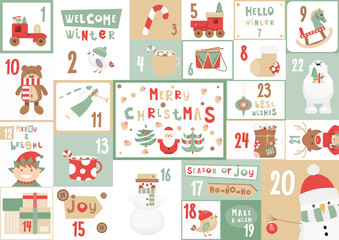 Advent calendar. Kids Christmas Poster with Cartoon Christmas Characters and Symbols. Vector Illustration. Set of Cards with Dates.