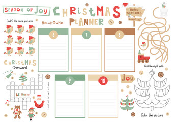 Christmas Kids Planner Template. Schedule for Children. Set of Kids Puzzles for Preschool, Kindergarten, School. Vector illustration. Cute Xmas Characters and Objects. From December 6 to 10.