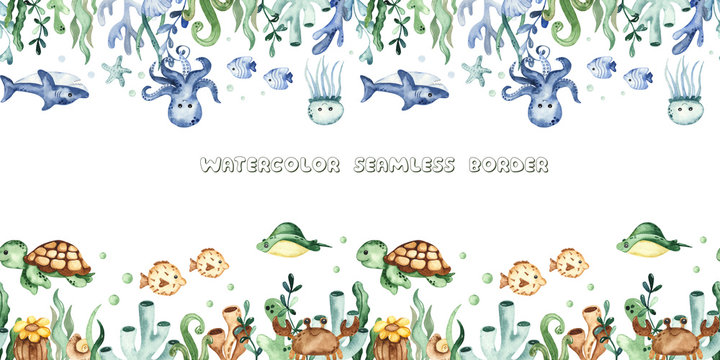 Watercolor seamless border with underwater creatures, sea turtle, shark, octopus, algae, corals.