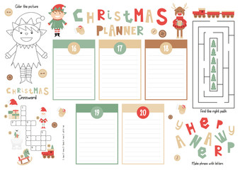 Christmas Kids Planner Template. Schedule for Children. Set of Kids Puzzles for Preschool, Kindergarten, School. Vector illustration. Cute Xmas Characters and Objects. From December 16 to 20.